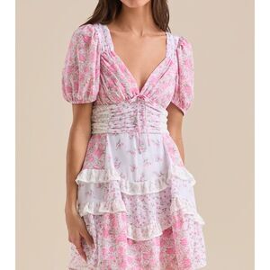 Cottagecore Patchwork Lace Ruffle Pink Floral Mini Coquette Milkmaid Chore Dress